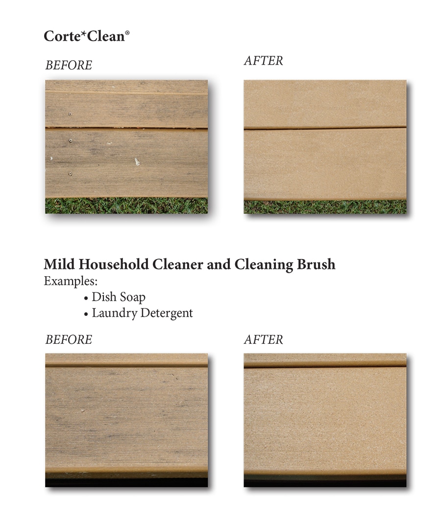 Care-&-Cleaning-Comparisons-Duxxbakdecking-1 Image showing examples of diferent cleaning methods before and after of Duxxak Decking and CorteClean or other care methods.
